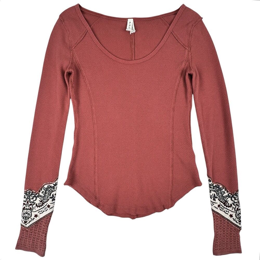 Free People Bandana Cuff Thermal Shirt Womens S‎ Waffle Knit Cuff Boho Peasant